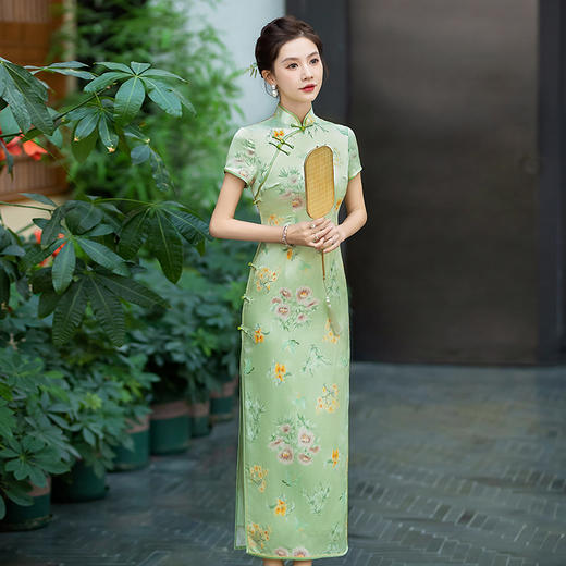 WX-春季新款真丝提花旗袍中式桑蚕丝连衣裙手工缝制宴席日常 商品图0