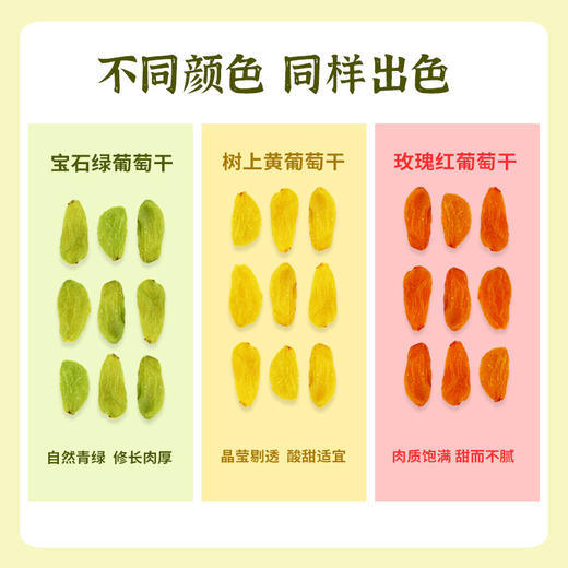 【甜而不腻！三彩葡萄干】甄选新疆吐鲁番葡萄，绿宝石/树上黄/玫瑰红葡萄干，经过人工严格挑选，独立包装休闲零食酸甜三色果脯组合装L 商品图1