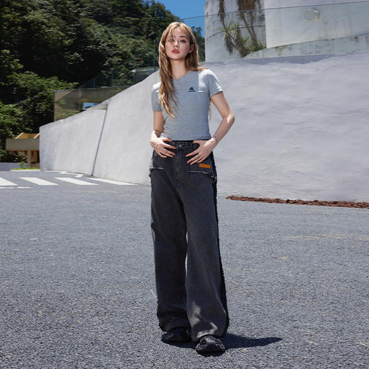 ACEYKYB秋季长裤新款猫须毛边水洗黑裤子潮流美式街头宽松直筒牛仔裤 商品图3