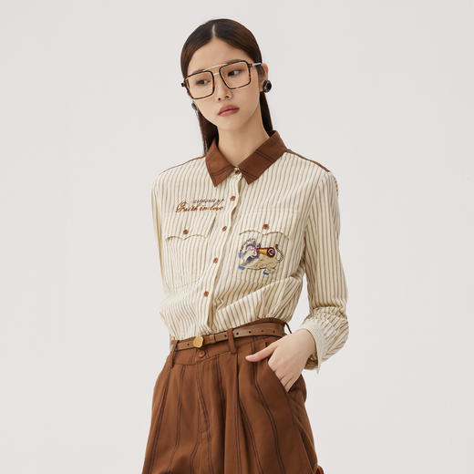 谜底纯棉衬衫长袖女士2024秋季新品复古风拼接绣花衬衣243MC1075 商品图1