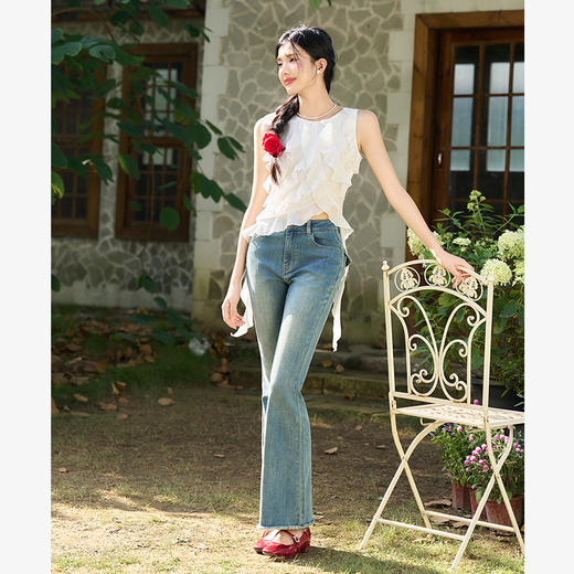 西遇荷叶边无袖上衣女秋季新款法式独特小衫流苏雪纺白色衬衫D3141984 商品图1