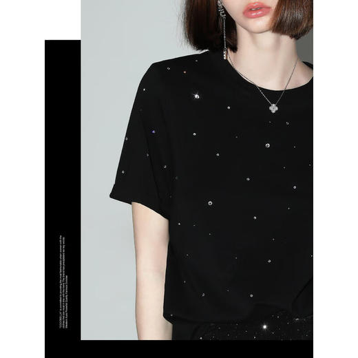 COCOBELLA璀璨星河手工烫钻短袖T恤女宽松舒适棉感上衣TS3010 商品图1