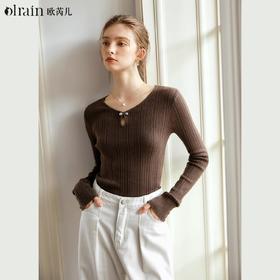 
OLrain欧芮儿法式咖色薄款圆领针织衫女早秋2024新款修身长袖上衣