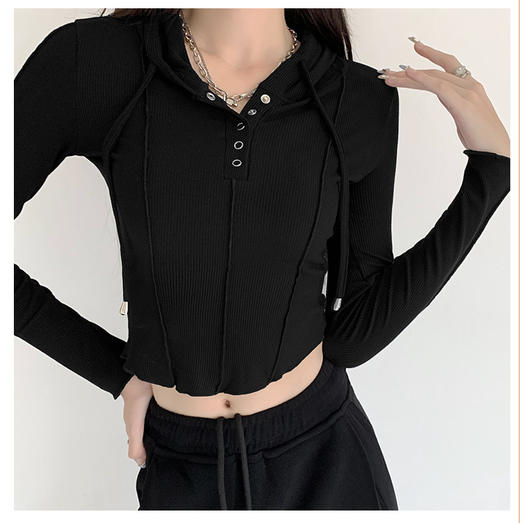 【YW】无忧购韩系ins修身百搭压褶拼缝连帽长袖上衣T011（截单后7天发货) 商品图3