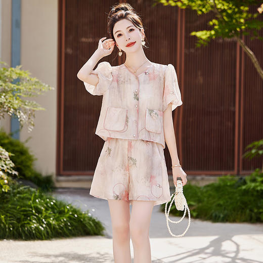 2024夏新款法式温柔小个子小香风短裤泡泡袖上衣两件套HR-HMG2869 商品图0