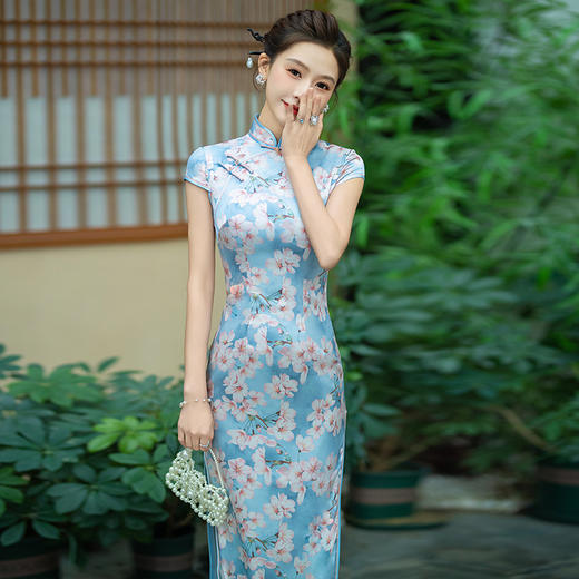 WX-春秋款真丝旗袍年轻款高端气质长款改良版桑蚕丝连衣裙 商品图3