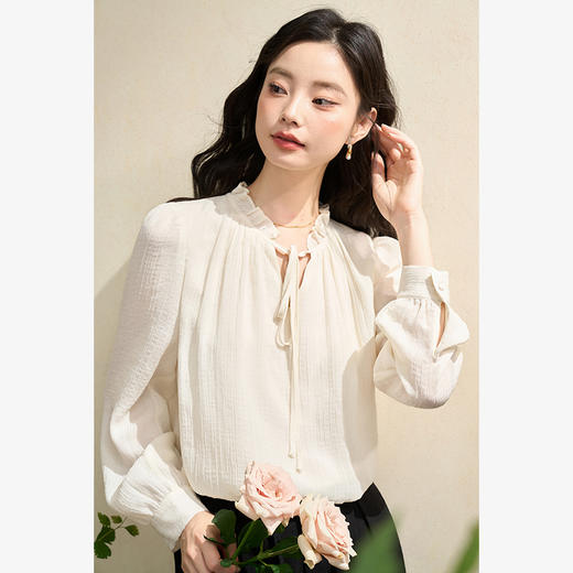 法式浪漫气质温柔肌理感轻薄通勤衬衫女系带衬衣V3142203 商品图4