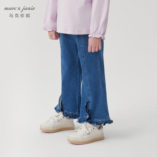 马克珍妮女童微弹花边开叉牛仔喇叭裤儿童裤子2024秋装新款241303 商品图1