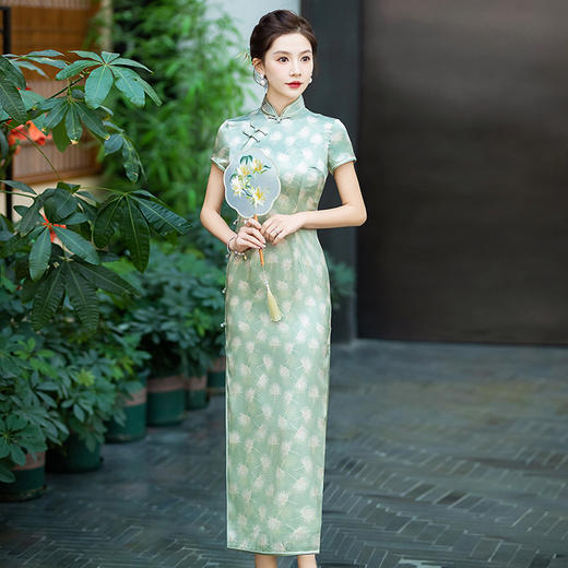 WX-春季新款真丝旗袍中式桑蚕丝连衣裙手工缝制宴席日常可穿 商品图2