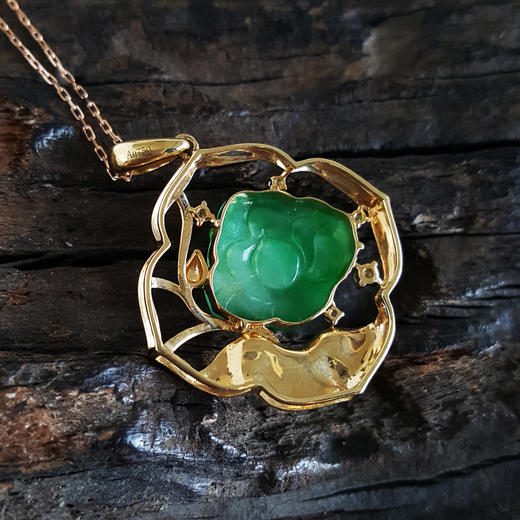 【天然正品】AU750黄金镶钻镶天然糯种满绿色荷花翡翠（高贵、廉洁）吊坠项链040724NJM07 商品图3