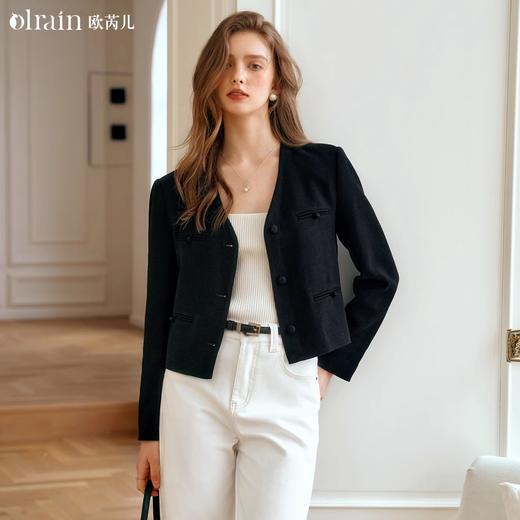 OLrain欧芮儿法式黑色小香风短外套女早秋2024新款通勤V领上衣 商品图0