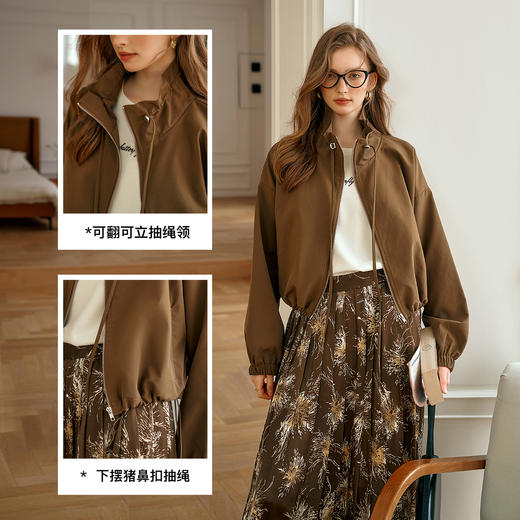 OLrain欧芮儿立领休闲短外套女早秋2024新款抽绳宽松棕色夹克上衣 商品图2