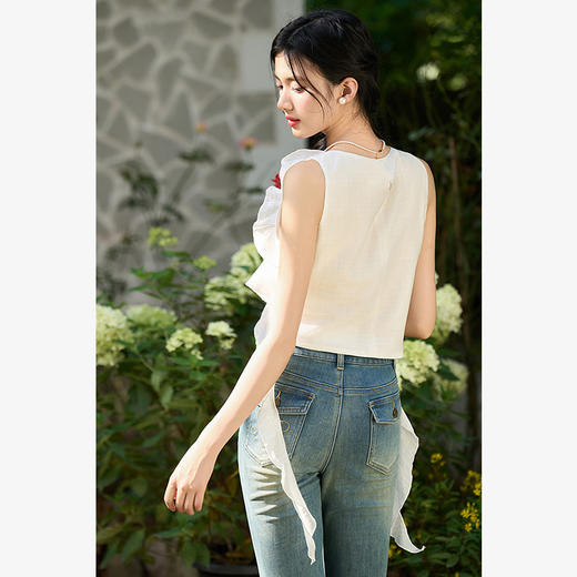西遇荷叶边无袖上衣女秋季新款法式独特小衫流苏雪纺白色衬衫D3141984 商品图4