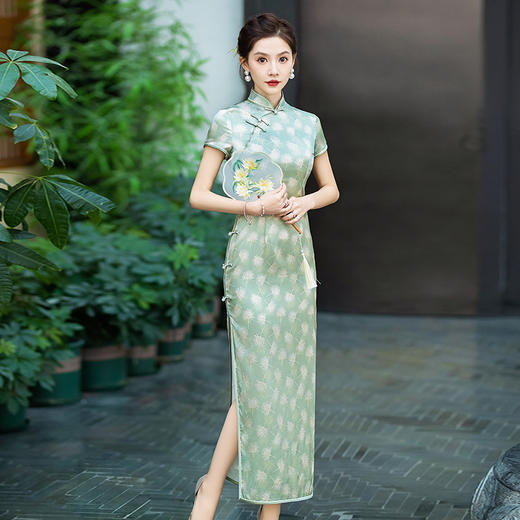 WX-春季新款真丝旗袍中式桑蚕丝连衣裙手工缝制宴席日常可穿 商品图3
