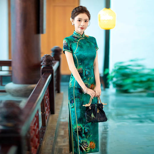 WX-新款真丝旗袍高端气质长款改良版桑蚕丝中国风时尚修身 商品图0