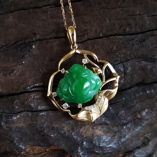 【天然正品】AU750黄金镶钻镶天然糯种满绿色荷花翡翠（高贵、廉洁）吊坠项链040724NJM07 商品图1
