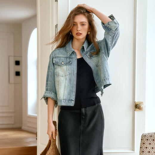 OLrain欧芮儿复古牛仔短外套女早秋2024新款休闲翻领水洗蓝上衣 商品图1