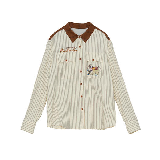 谜底纯棉衬衫长袖女士2024秋季新品复古风拼接绣花衬衣243MC1075 商品图4