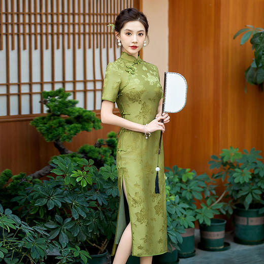 WX-新款真丝旗袍提花高档修身气质中长款桑蚕丝连衣裙宴席日常 商品图1