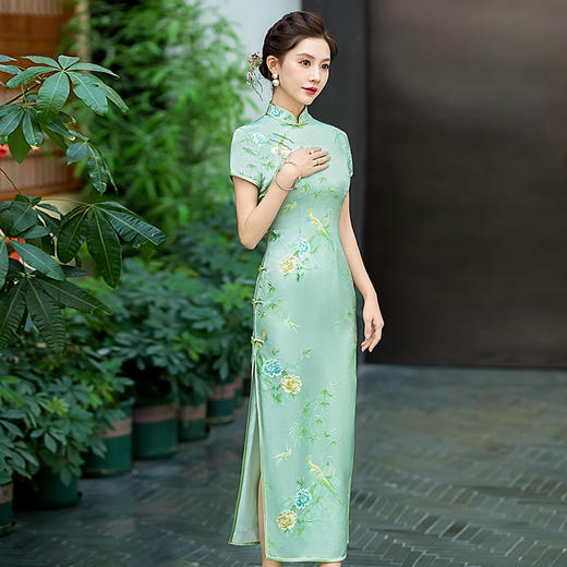 WX-100%真丝提花春季新款真丝旗袍中式桑蚕丝连衣裙手工缝制宴席 商品图0
