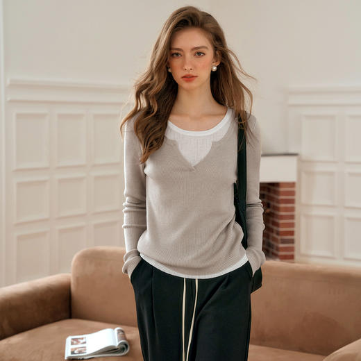OLrain欧芮儿法式假两件针织衫女早秋2024年新款显瘦薄款套头上衣 商品图1