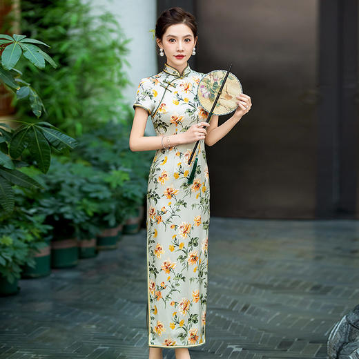 WX-春季新款真丝旗袍中式桑蚕丝连衣裙手工缝制送考宴席日常可穿中国 商品图0