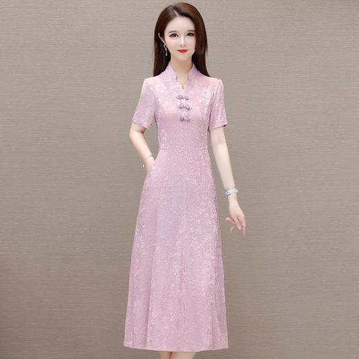 QYMLRX-131337 -Y V领印花短袖连衣裙2024年新款夏季季中长款复古盘扣中式国风裙 商品图0