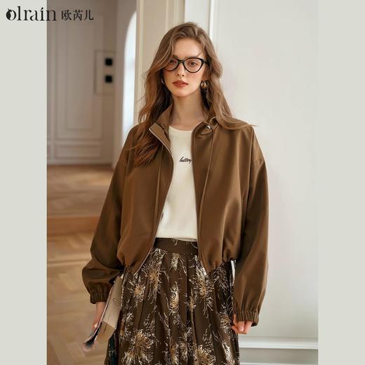 OLrain欧芮儿立领休闲短外套女早秋2024新款抽绳宽松棕色夹克上衣 商品图0