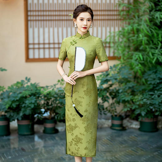 WX-新款真丝旗袍提花高档修身气质中长款桑蚕丝连衣裙宴席日常 商品图0