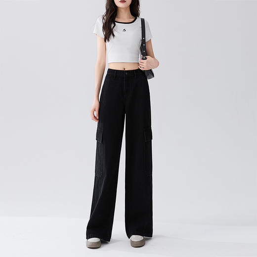 经典百搭日常通勤牛仔裤女中高腰大口袋工装裤直筒裤V3142150 商品图1