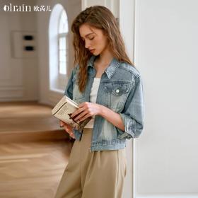 OLrain欧芮儿复古牛仔短外套女早秋2024新款休闲翻领水洗蓝上衣
