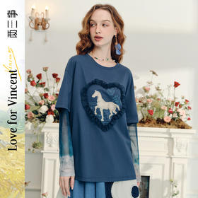 两三事梵高文艺志在远方2024夏新款立体心形动物印花假两件t恤女