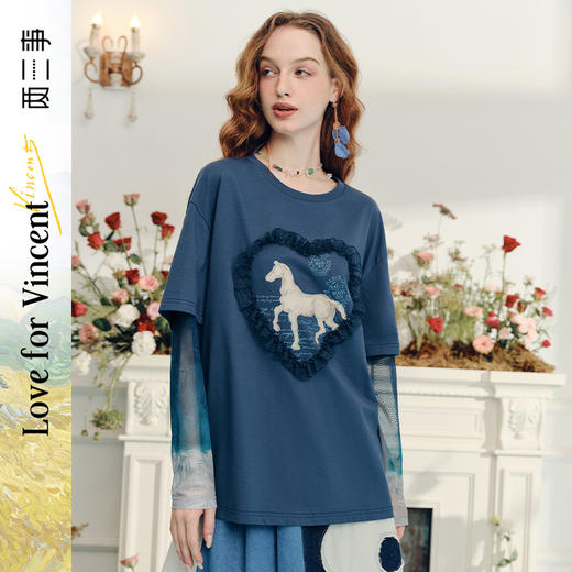 两三事梵高文艺志在远方2024夏新款立体心形动物印花假两件t恤女 商品图0