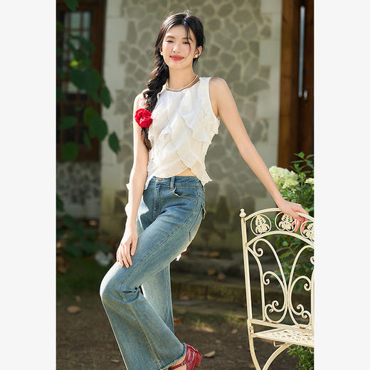 西遇荷叶边无袖上衣女秋季新款法式独特小衫流苏雪纺白色衬衫D3141984 商品图3