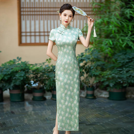 WX-春季新款真丝旗袍中式桑蚕丝连衣裙手工缝制宴席日常可穿 商品图0