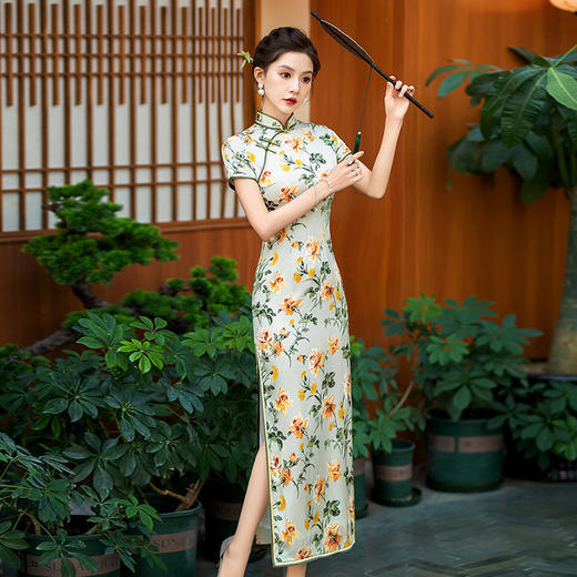 WX-春季新款真丝旗袍中式桑蚕丝连衣裙手工缝制送考宴席日常可穿中国 商品图2