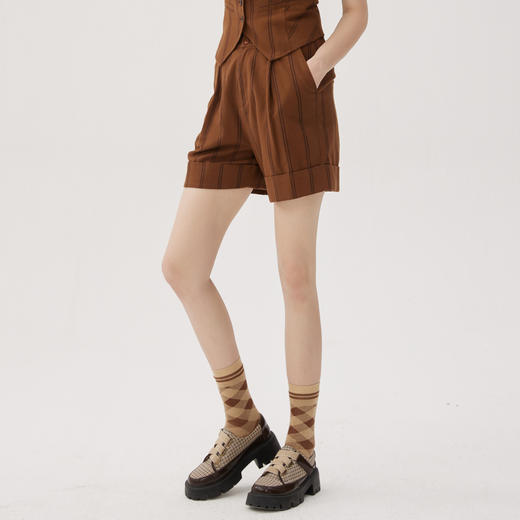 谜底棕色条纹短裤女2024秋新品通勤风百搭直筒棉麻裤子243MK1209 商品图1