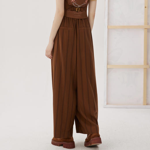 谜底阔腿裤女2024秋新品通勤风条纹优雅宽松松紧腰长裤243MK1055 商品图2