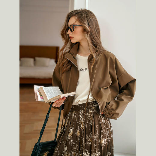 OLrain欧芮儿立领休闲短外套女早秋2024新款抽绳宽松棕色夹克上衣 商品图1