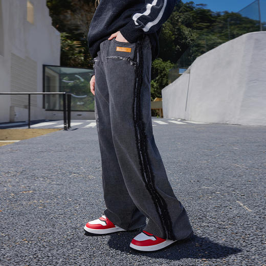 ACEYKYB秋季长裤新款猫须毛边水洗黑裤子潮流美式街头宽松直筒牛仔裤 商品图0