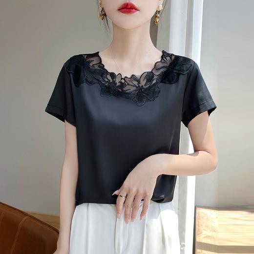 百媚生 圆领短款网纱拼接大码短袖百搭T恤R-F128 商品图3