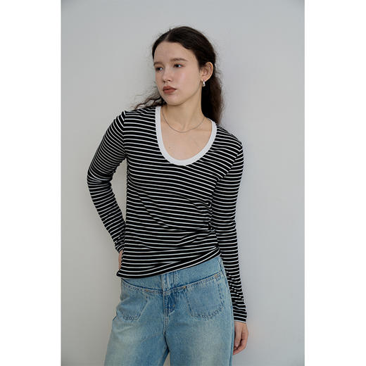 HeyDress天丝羊毛针织衫春秋撞色条纹设计百搭上衣弹力修身内搭 商品图3