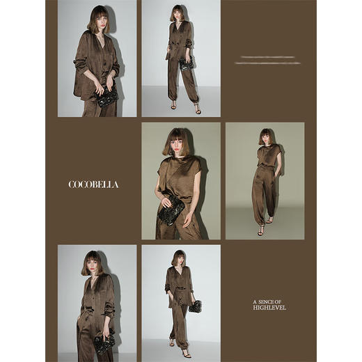 COCOBELLA奢感通勤质感肌理缎面高腰打褶多色灯笼裤PA3011 商品图2