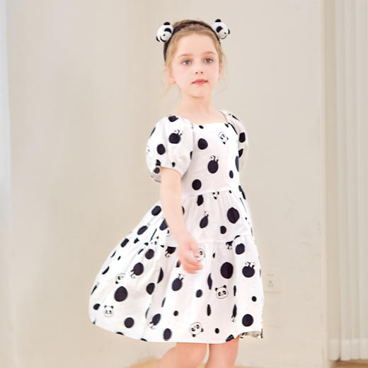mettekids女童连衣裙2024夏新款泡泡袖可爱熊猫甜美儿童公主裙子 商品图4