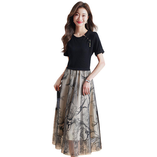 雀说新中式国风连衣裙女收腰遮肚子显瘦网纱拼接假两件裙AL6132 商品图4