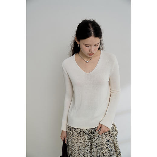 HeyDress麻感针织衫女春秋复古V领宽松慵懒休闲百搭套头气质上衣 商品图0