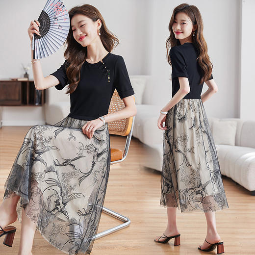 雀说新中式国风连衣裙女收腰遮肚子显瘦网纱拼接假两件裙AL6132 商品图3