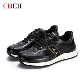 CHCH新款男士休闲男鞋黑色鹿皮拼接牛皮革经典舒适