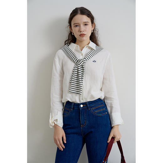 HeyDress亚麻刺绣衬衫女春秋法式宽松慵懒感衬衣通勤百搭肌理上衣 商品图3