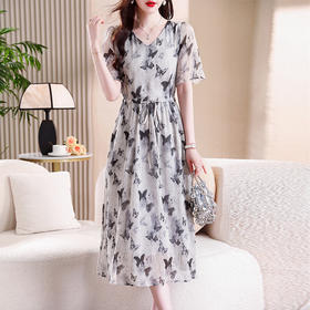 雀说新款印花减龄v领花边系带收腰显瘦短袖中长裙AL9775